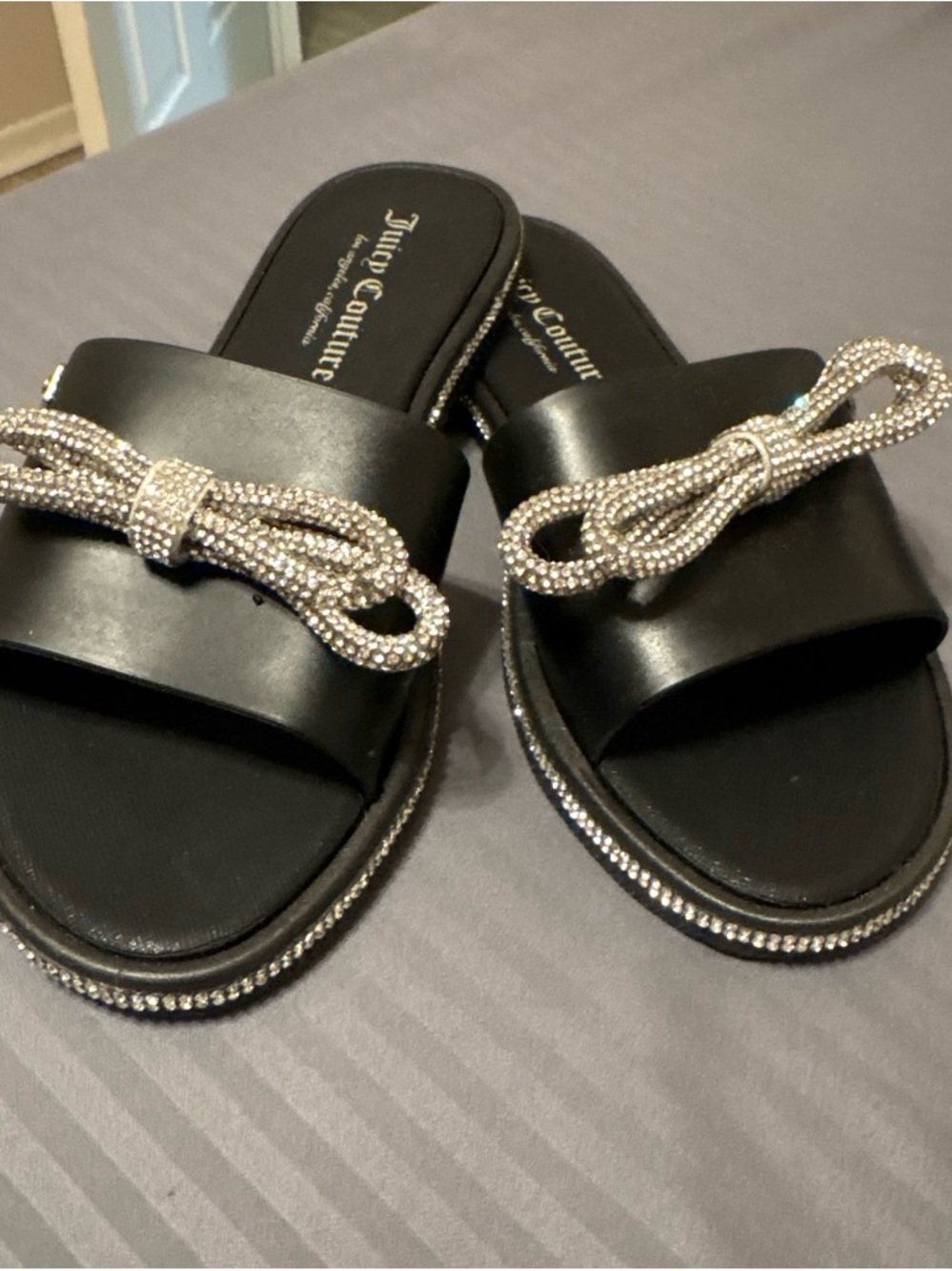 Juicy Couture Black Slide Sandals with Crystal Bow Trim